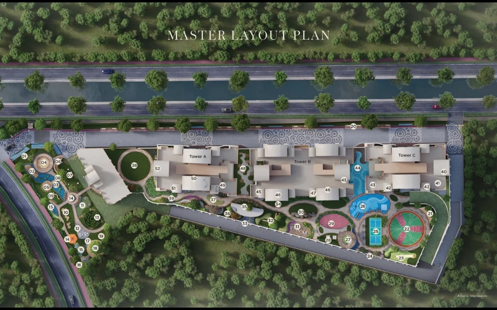 Sector Icon Master Layout Plan with 52 Numbered Amenities Tower A Tower B Tower C