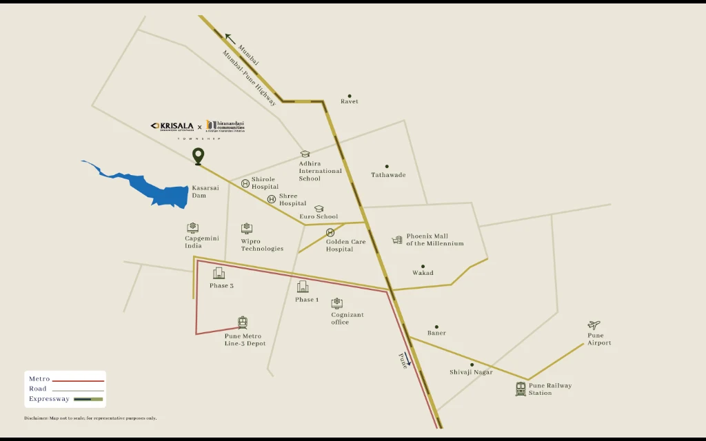 Official Location and Transit Map of Krisala Hiranandani Township Hinjewadi showing Pune Metro Line-3 Depot, Kasarsai Dam, Expressway and IT Corridors